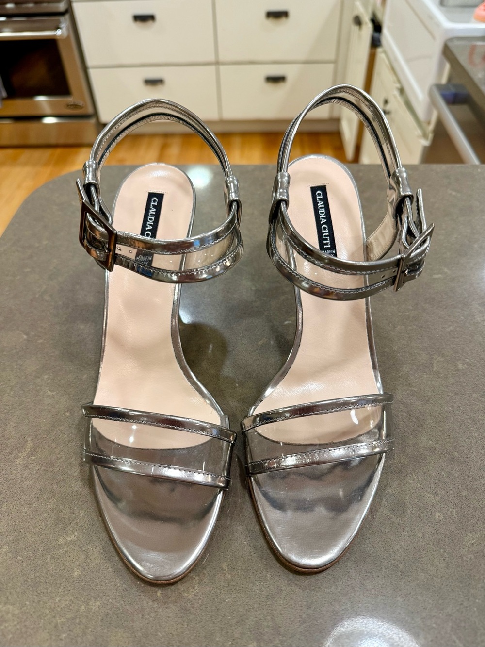 Claudia Ciuti Silver Metallic Ankle-Strap Heels